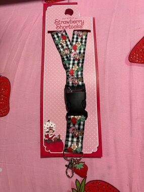 Strawberry Shortcake Black & White Gingham Lanyard with Strawberry Charm